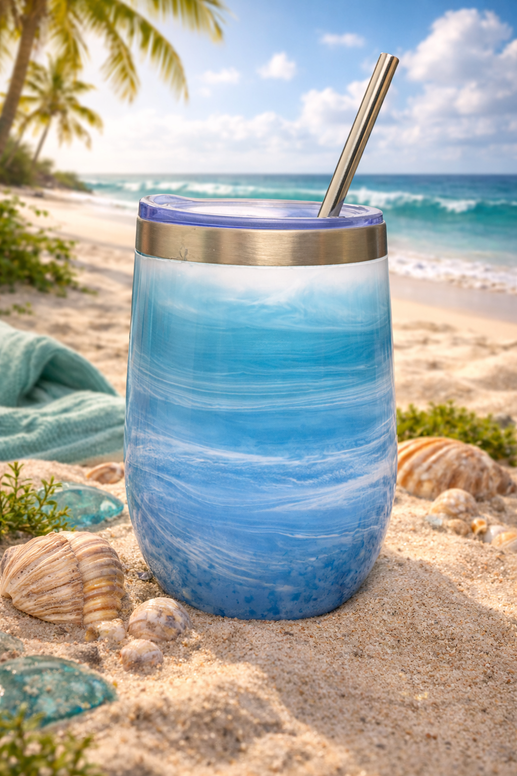 Ocean Inspired Coated Metal Tumbler w/ Lid, Straw & Cleaner