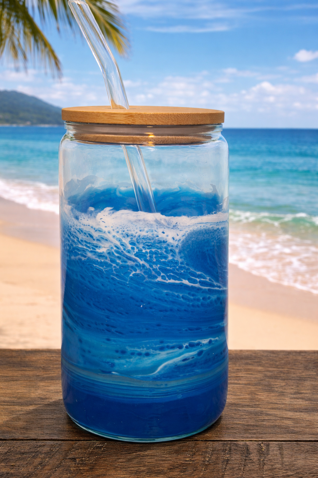 Blue Tide Brew Iced Coffee Glass W/ Glass Straw