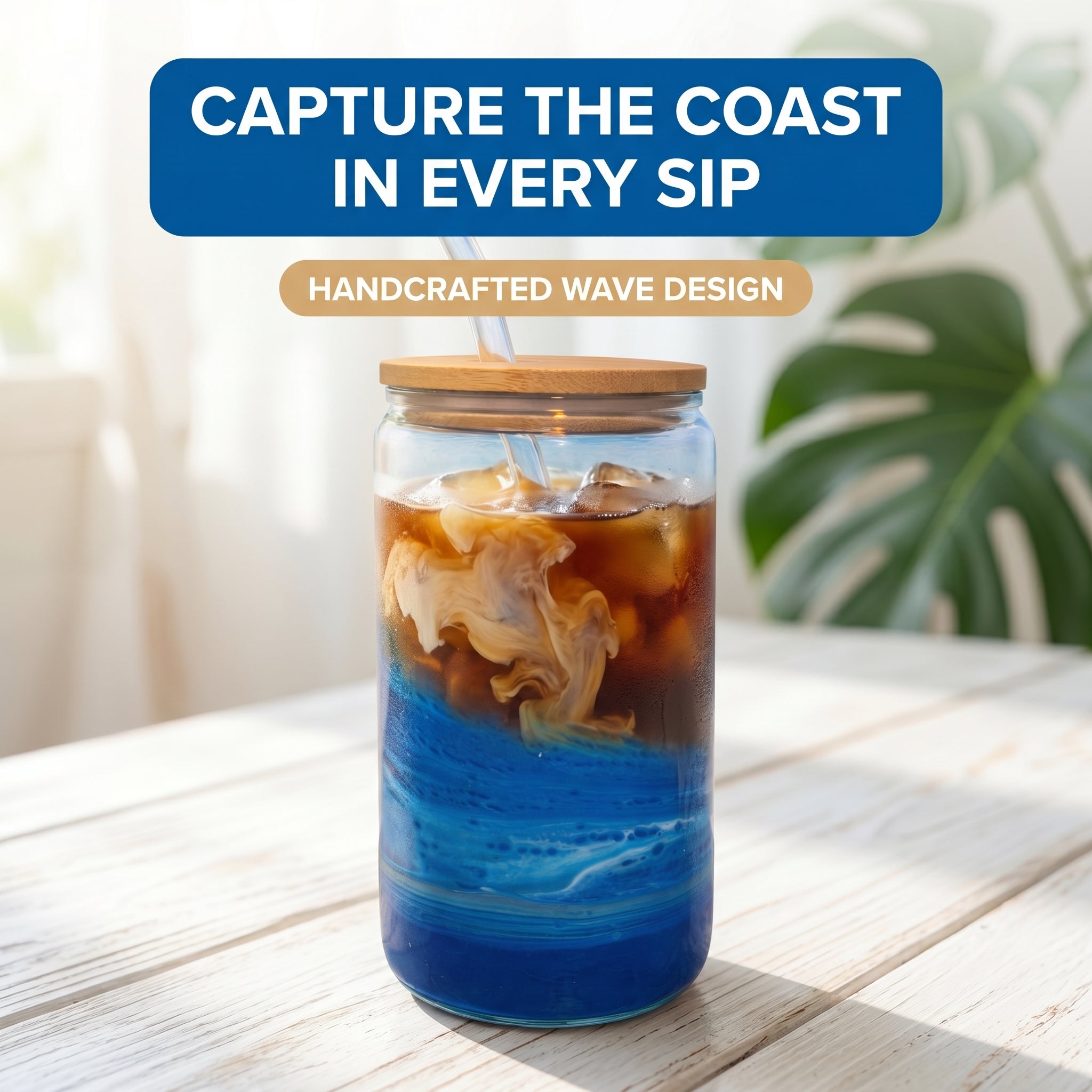 Blue Tide Brew Iced Coffee Glass W/ Glass Straw