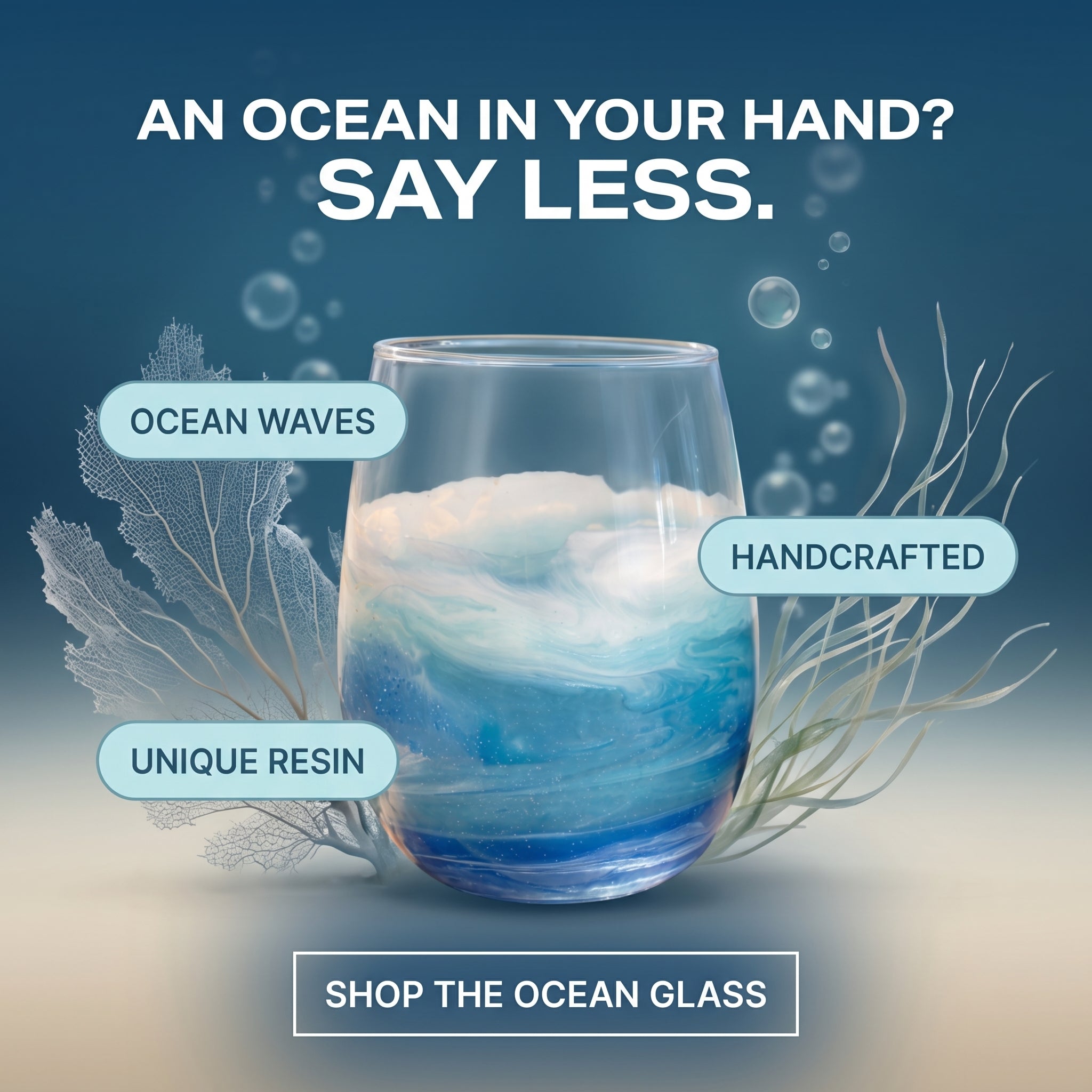 Handcrafted Resin Ocean Inspired Stemless Wine Glass